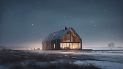 Winter Solitude: A Lit Barn in a Snowy Field at Night