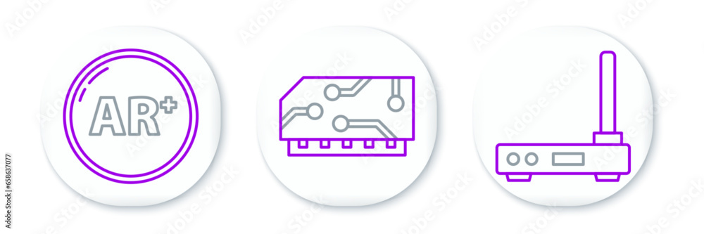 Poster set line router and wi-fi signal, ar, augmented reality and ram, random access memory icon. vector