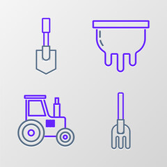 Set line Garden rake, Tractor, Udder and Shovel icon. Vector