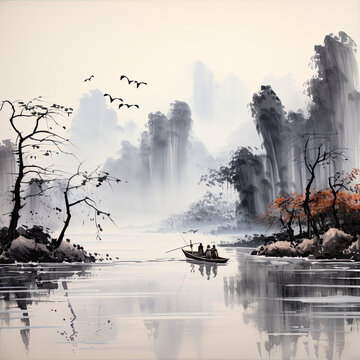 chines lancape  misty morning on the river