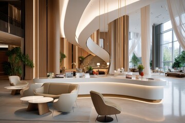 Step into the world of luxury and modern comfort as you enter the hotel lobby. With its elegant design, marble floors, and stylish furnishings, it's a welcoming space for relaxation and business. - obrazy, fototapety, plakaty