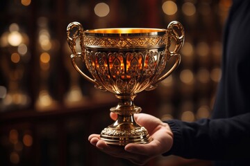 Glory's Embrace Handclasp on Gold Cup Trophy Crafted with Gold by Generative AI