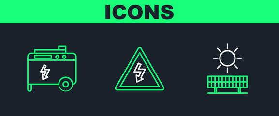 Set line Solar energy panel and sun, Portable power electric generator and High voltage sign icon. Vector