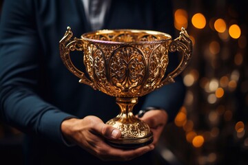 Golden Pursuit Hand Holding Cup of Victory Trophy Awe-Inspired by Generative AI