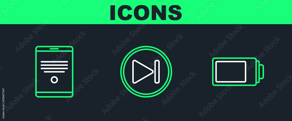 Poster set line battery charge level indicator, tablet and fast forward icon. vector