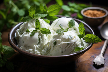 a bowl of ice cream with mint leaves