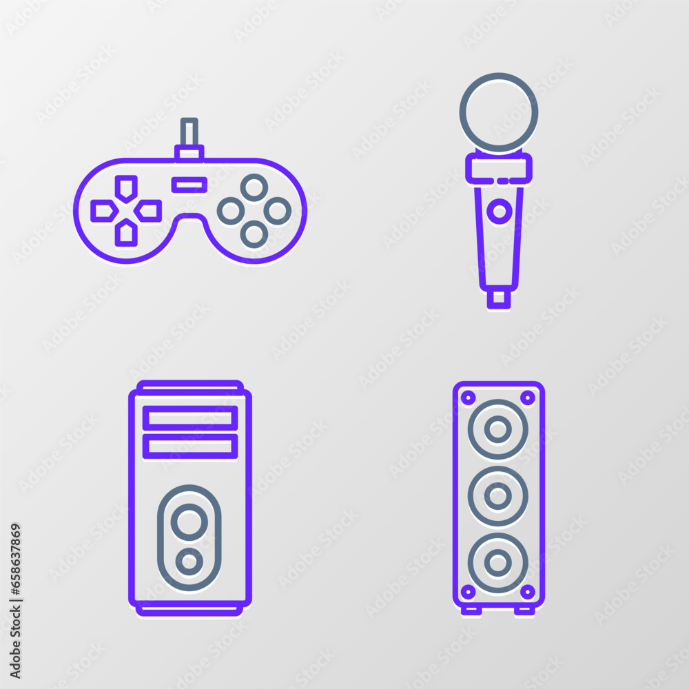 Aufkleber set line stereo speaker, computer, joystick for arcade machine and gamepad icon. vector