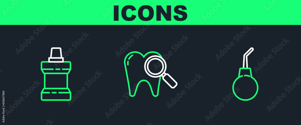 Poster set line enema pear, mouthwash plastic bottle and dental search icon. vector