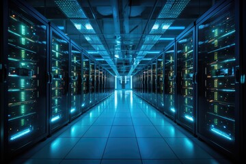Fototapeta premium Explore the heart of digital infrastructure in a high-tech datacenter. This modern facility houses servers, networking equipment, and storage systems, ensuring seamless connectivity and data security.