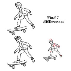 A boy rides a skateboard. Find 7 differences. Tasks for children. vector illustration