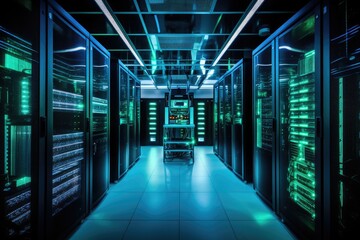 Explore the heart of digital infrastructure in a high-tech datacenter. This modern facility houses servers, networking equipment, and storage systems, ensuring seamless connectivity and data security.