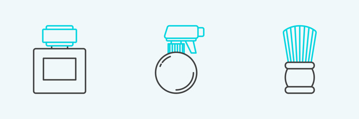 Set line Shaving brush, Aftershave and Hairdresser pistol spray bottle icon. Vector