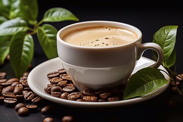 Obraz premium Savoring Nature Coffee Cup Featuring Seeds and Leafs A Creation of Generative AI