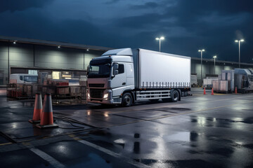 Fototapeta premium An impressive convoy of white cargo trucks, symbols of efficient logistics and transportation, travel along the highway under a summer sunset sky, showcasing the backbone of modern commerce