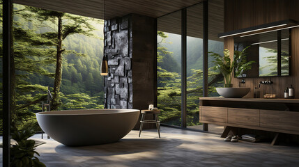 Serenity in Seclusion: A Modern Bathroom Overlooking a Forest,view from the window of a hotel