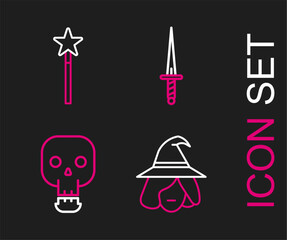 Set line Witch, Skull, Dagger and Magic wand icon. Vector