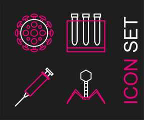 Set line Bacteria bacteriophage, Syringe, Blood test and virus and Virus icon. Vector