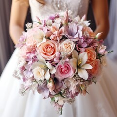 Close-up of a beautiful pastel wedding bouquet in the bride's hands.