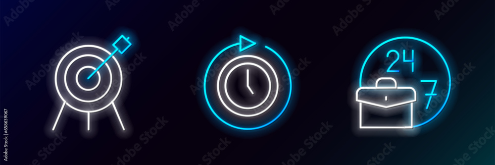 Poster set line always busy, target sport and clock with arrow icon. glowing neon. vector