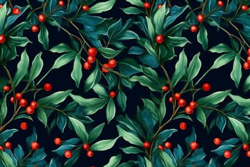 Fototapeta na wymiar Seamless Christmas pattern featuring holly berries. Generative AI