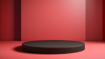 Round Stone Podium in front of a light red Studio Background. Black Pedestal for Product Presentation