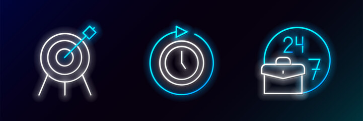 Set line Always busy, Target sport and Clock with arrow icon. Glowing neon. Vector