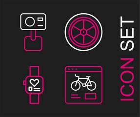 Set line Bicycle rental mobile app, Smart watch, wheel and Action extreme camera icon. Vector
