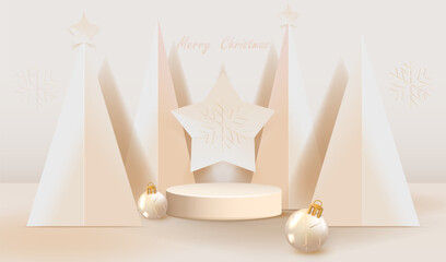 Christmas card with paper cut pattern trees and podium in cream brown design. Xmas place to display gift sale product with balls. Happy New Year concept.