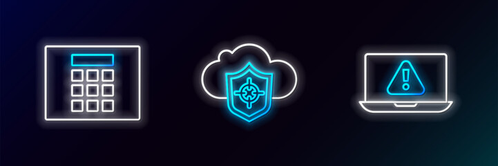 Set line Laptop with exclamation mark, Password protection and Cloud and shield icon. Glowing neon. Vector