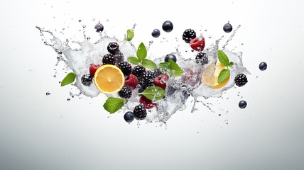 mix fruit dropped into the water isolated on white background.