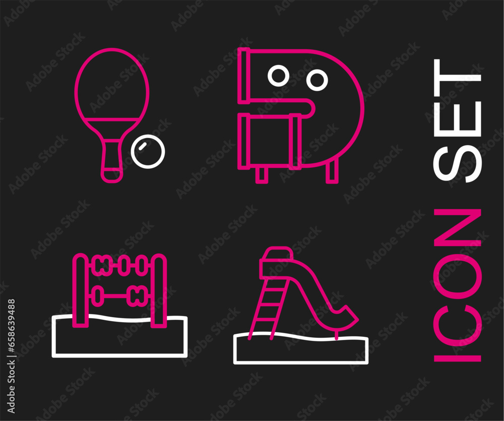 Poster set line kid slide, abacus, playground pipe and racket and ball icon. vector