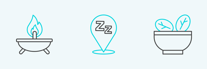 Set line Salad in bowl, Aroma candle and Sleepy icon. Vector
