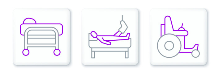 Set line Electric wheelchair, Stretcher and Patient with broken leg icon. Vector