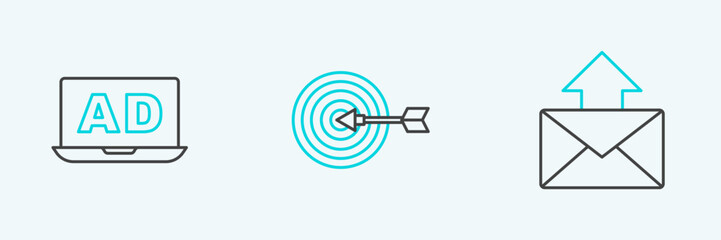 Set line Mail and e-mail, Advertising and Target icon. Vector