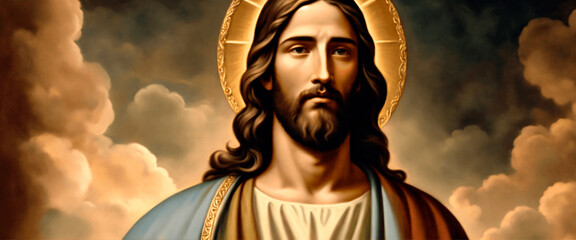 Jesus Christ with divine halo in a oil painting style in muted colors. Christian artwork in banner format.