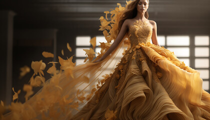 Haute couture inspired wedding dress in ochre - obrazy, fototapety, plakaty