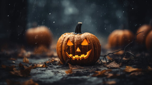 Scary halloween pumpkin in spooky forest. Scary halloween concept