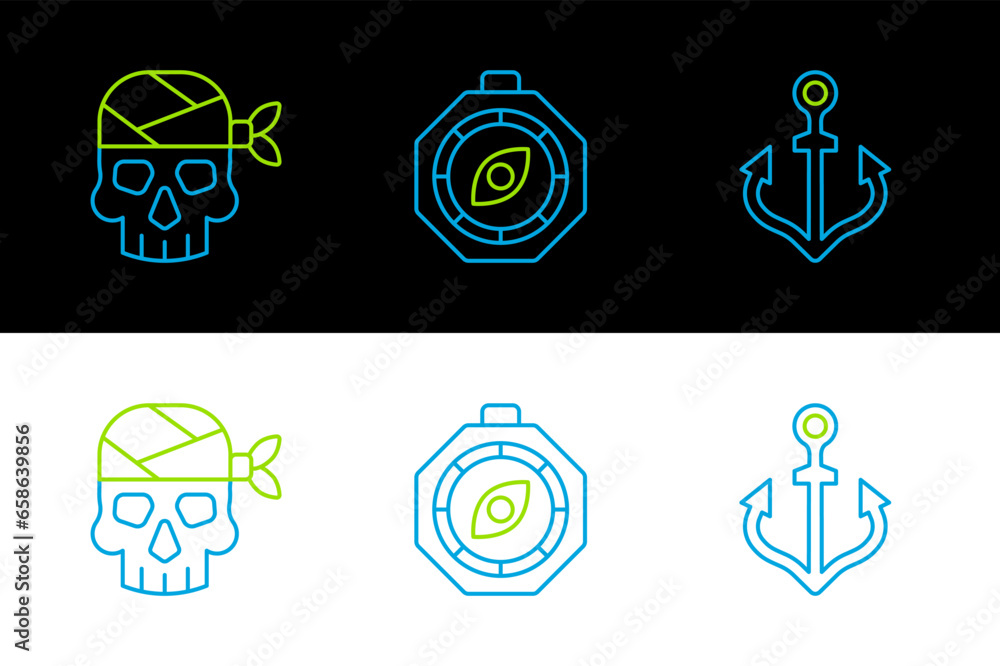 Sticker set line anchor, pirate captain and compass icon. vector