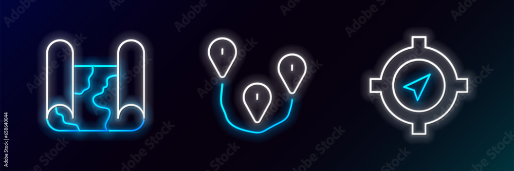 Poster set line compass, folded map and route location icon. glowing neon. vector