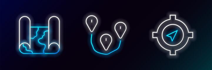 Set line Compass, Folded map and Route location icon. Glowing neon. Vector