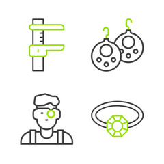 Set line Diamond engagement ring, Jeweler man, Earrings and Calliper or caliper and scale icon. Vector