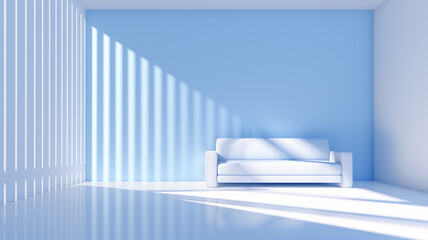 Empty blue and white room with sofa, beautiful light and shadow, AI generated