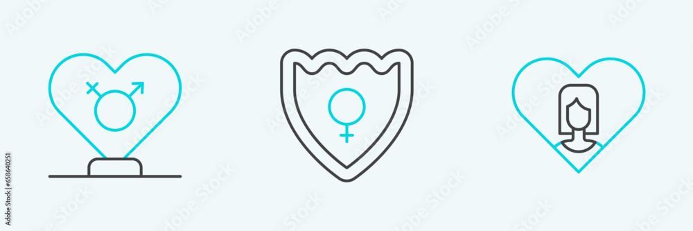 Wall mural Set line Heart with female, Gender and shield, Female icon. Vector