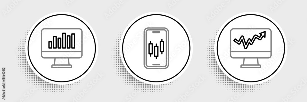 Poster set line monitor with graph chart, and mobile stock trading icon. vector