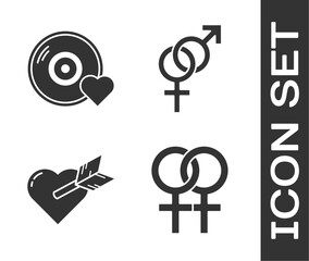 Set Female gender symbol, Romantic music, Amour with heart and arrow and Gender icon. Vector
