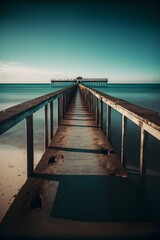 a long jetty out to the sea side view from the beach ultrawide angle Depth of Field hyperdetailed beautifully colorcoded beautifully color graded unreal engine cinematic contrejour color grading ray 
