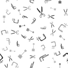 Set Scissors, Clamp tool, Clamp and screw tool and Snow shovel on seamless pattern. Vector