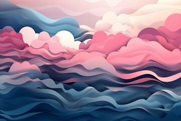 Abstract clouds and ocean waves in pink and blue colors. Generative AI