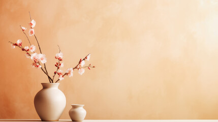 Blossom cherry branch in a vase against stucco wall background with copy space.