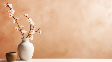 Blossom cherry branch in a vase against stucco wall background with copy space.